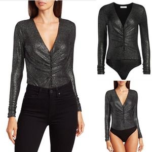Scripted Metallic Bodysuit Long-Sleeve Black Silver Size Medium